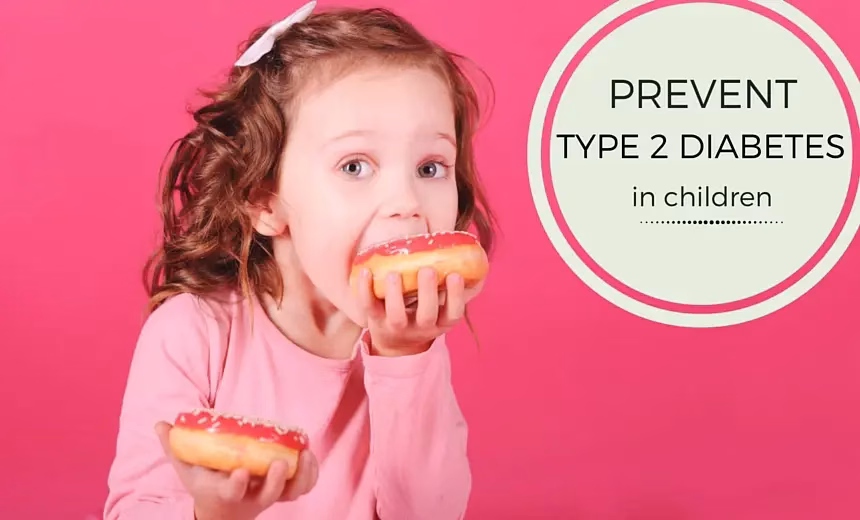 Child holding donuts with message ‘Prevent Type 2 Diabetes in children’ on a pink background — promoting awareness of childhood dietary habits and diabetes prevention.